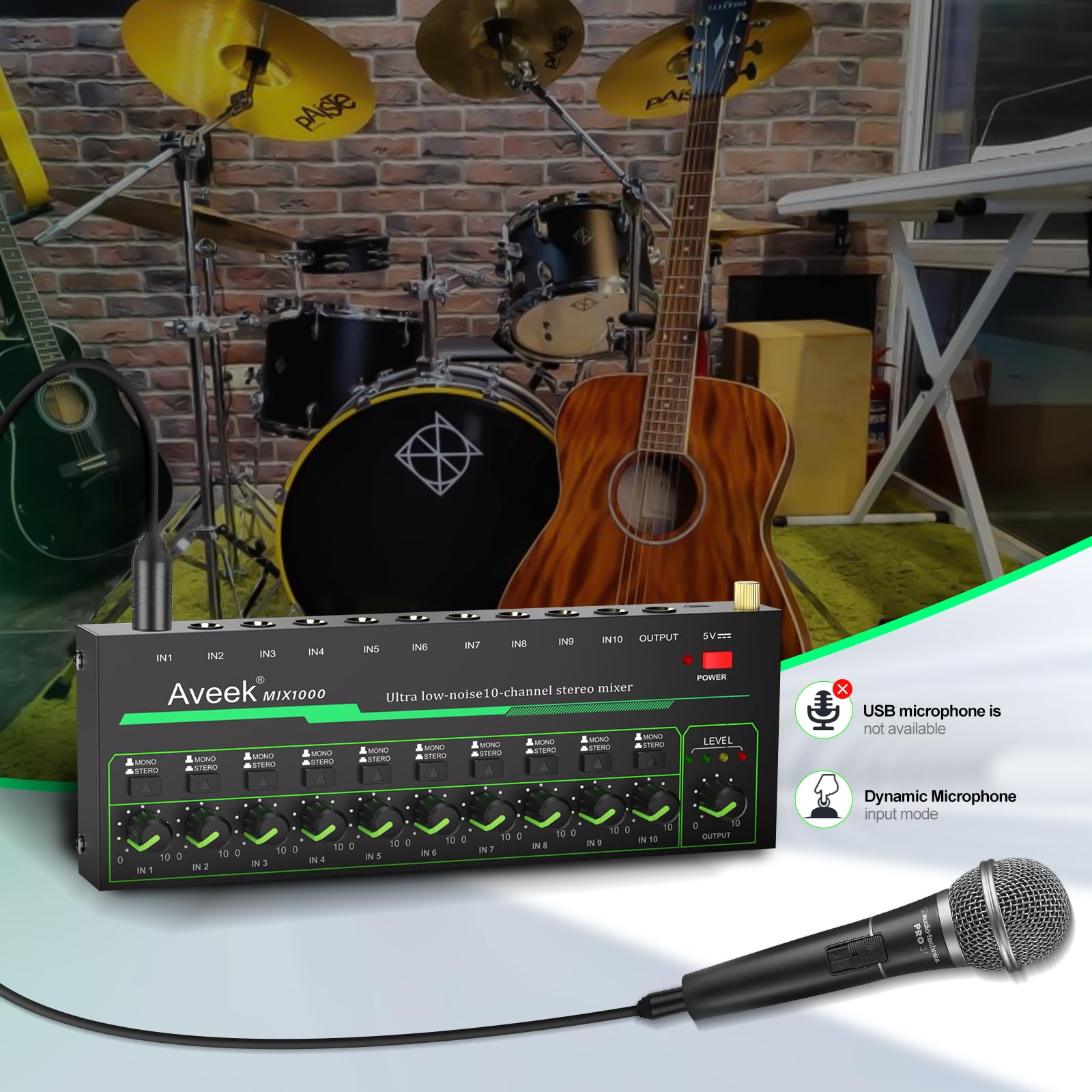 Aveek Mini liniowy mikser audio – 10-kanałowy mały mikser dźwięku z przełączaniem stereo/mono i cichą pracą dla precyzyjnego sub-miksowania, wejście/wyjście TRS 1/10.2 cm, idealny do mikrofonów,