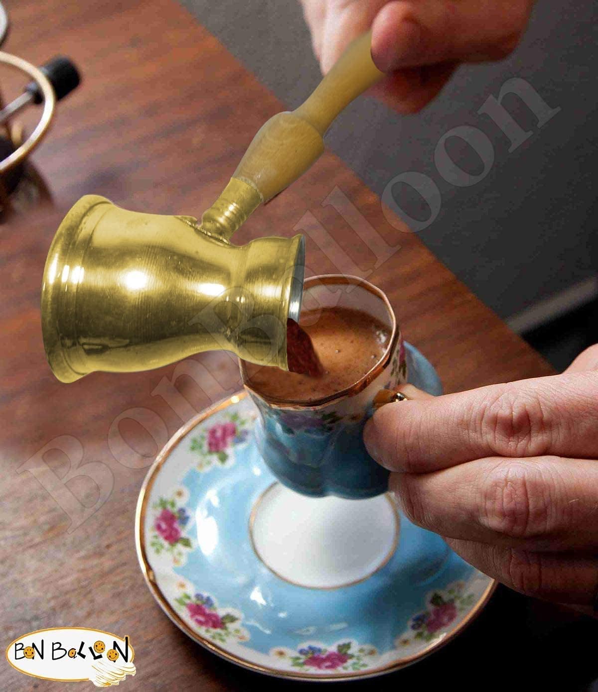 Egyptian Egypt Brass Copper Pot Ibrik Briki Turkish Greek Coffee Maker Jazva Cezve Jezve Turka Ararat Arabic Arabian With Wooden Handle Hand Hammered Handmade Decanter Size No 3 ( 4.73 oz / 140 ml )