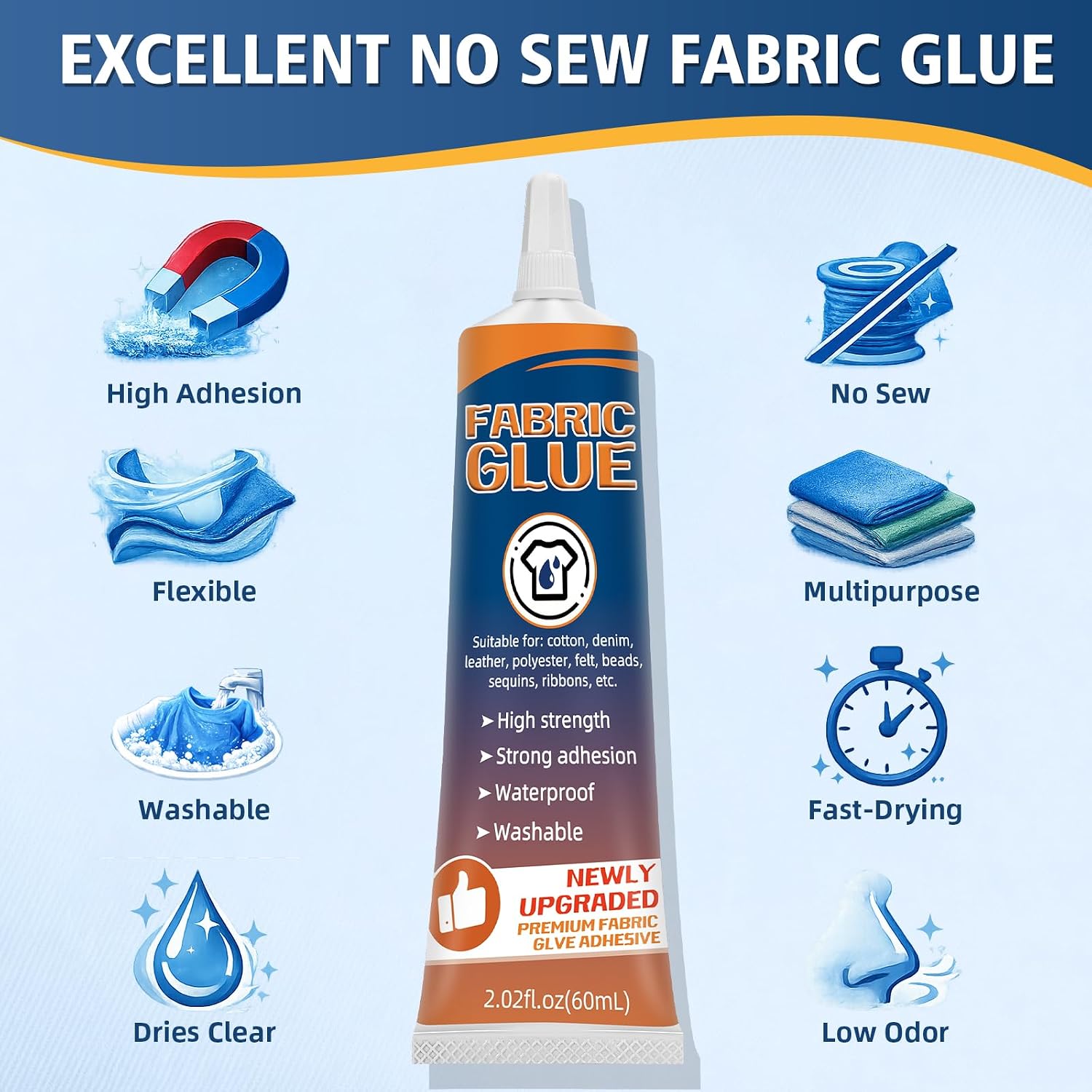 Fabric Glue Permanent, Washable Clothing Glue for All Fabrics, Waterproof Adhesive for Leather, Denim, Cotton, Polyester, Ideal for Patches, Repairs & Crafts (60ml)