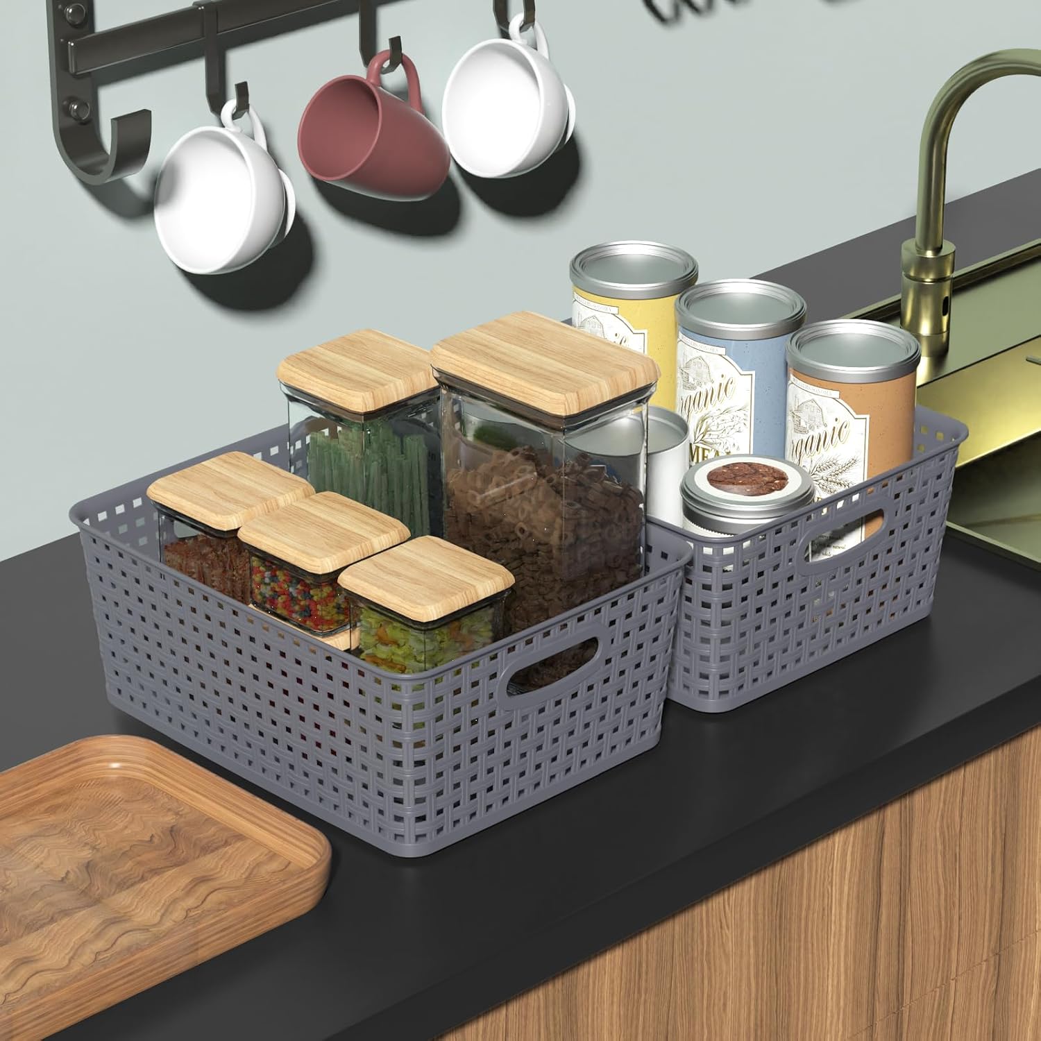 4-Pack Plastic Weave Baskets, Woven Plastic Storage Basket, Gray