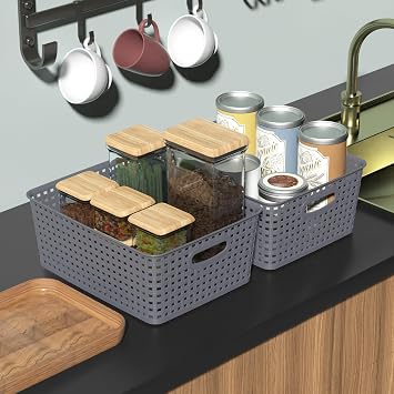 4-Pack Plastic Weave Baskets, Woven Plastic Storage Basket, Gray