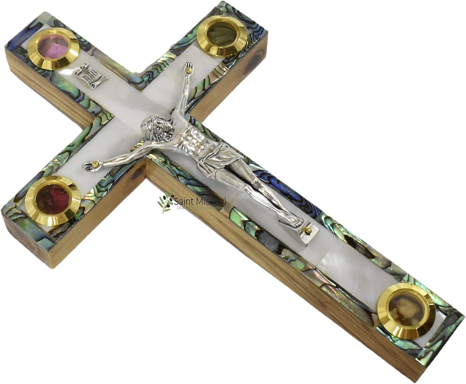 Olive Wood Cross Wall Crucifix Covered with Mother of Pearl with 4 Holy Relics, Pearl Cross, Wall Hanging Crucifix Made in the Holy Land