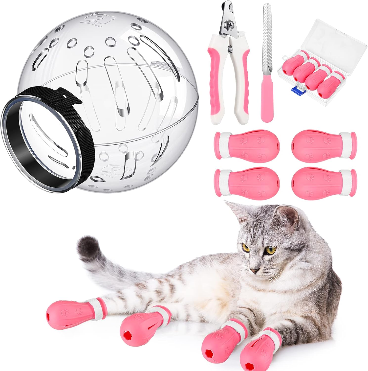Cat Muzzle for Grooming Helmet for Grooming Silicone Claw Covers with Nail Clippers Trimmer Set Cat Claw Covers Cat Helmet Adjustable…
