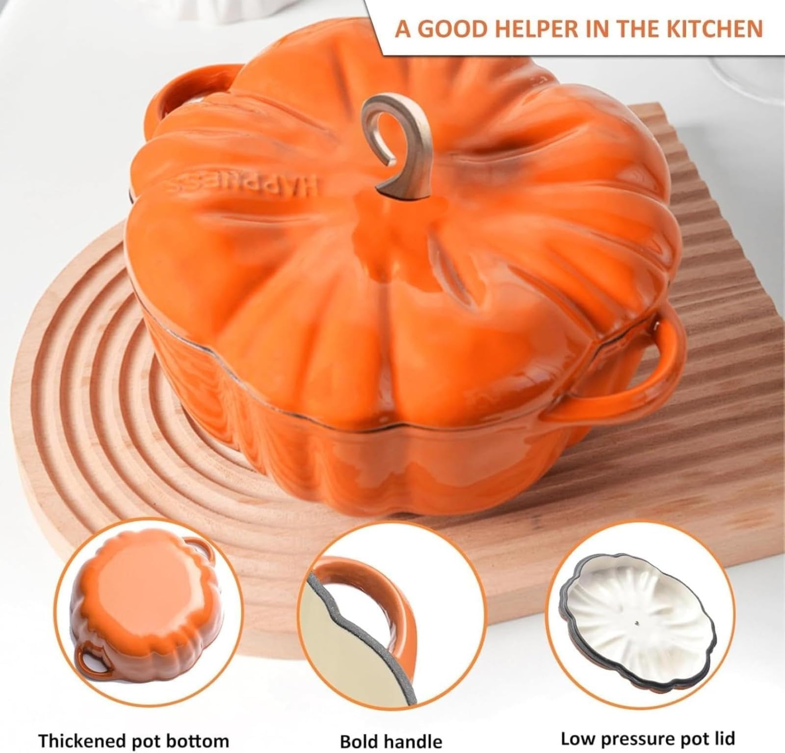 Horno holandés de calabaza de hierro fundido con tapa, olla esmaltada para todas las estufas, perfecta para decoración de cocina de Acción de Gracias y Halloween