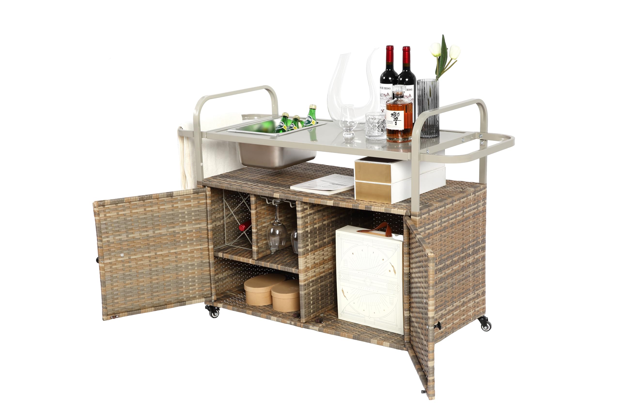 Mesa de bar para exteriores, carrito de mimbre con gabinete, carrito de servicio de patio con tapa de acero, con un cubo de hielo, cesta lateral para jardín, ruedas bloqueables, lado de piscina y