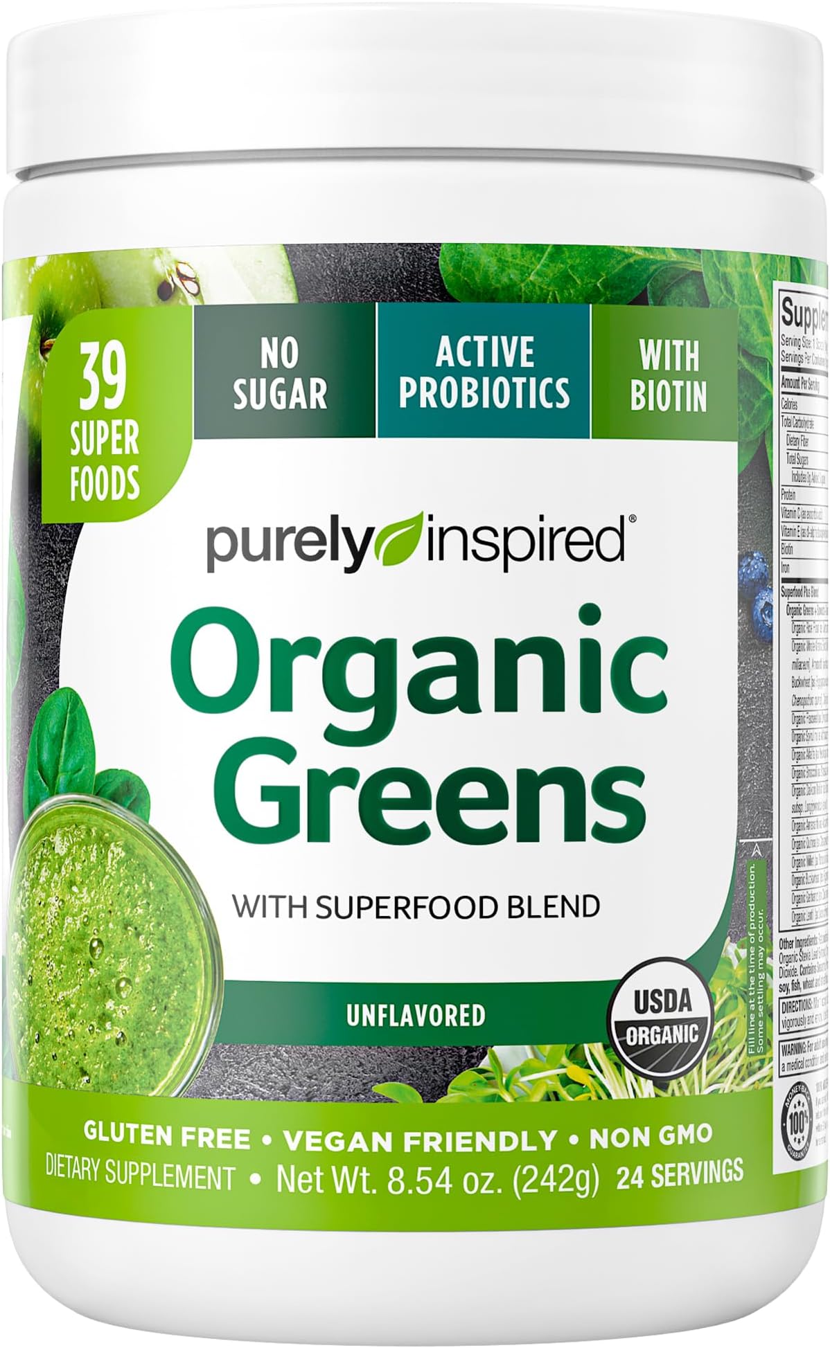 Greens Powder Smoothie Mix Purely Inspired Organic Greens Powder Superfood, Unflavored, 24 Servings (Package May Vary), 8.57 Ounce (Pack of 1)