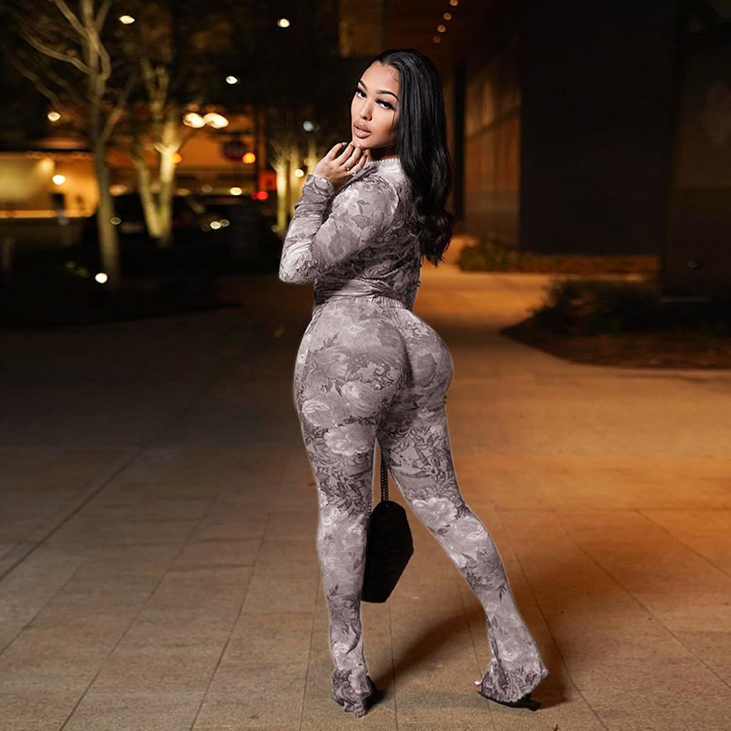 Sexy 2 Piece Set Jumpsuit for Women Floral Print See Through Mesh Long Sleeve Going Out Top and Flare Pants Sets - Image 3