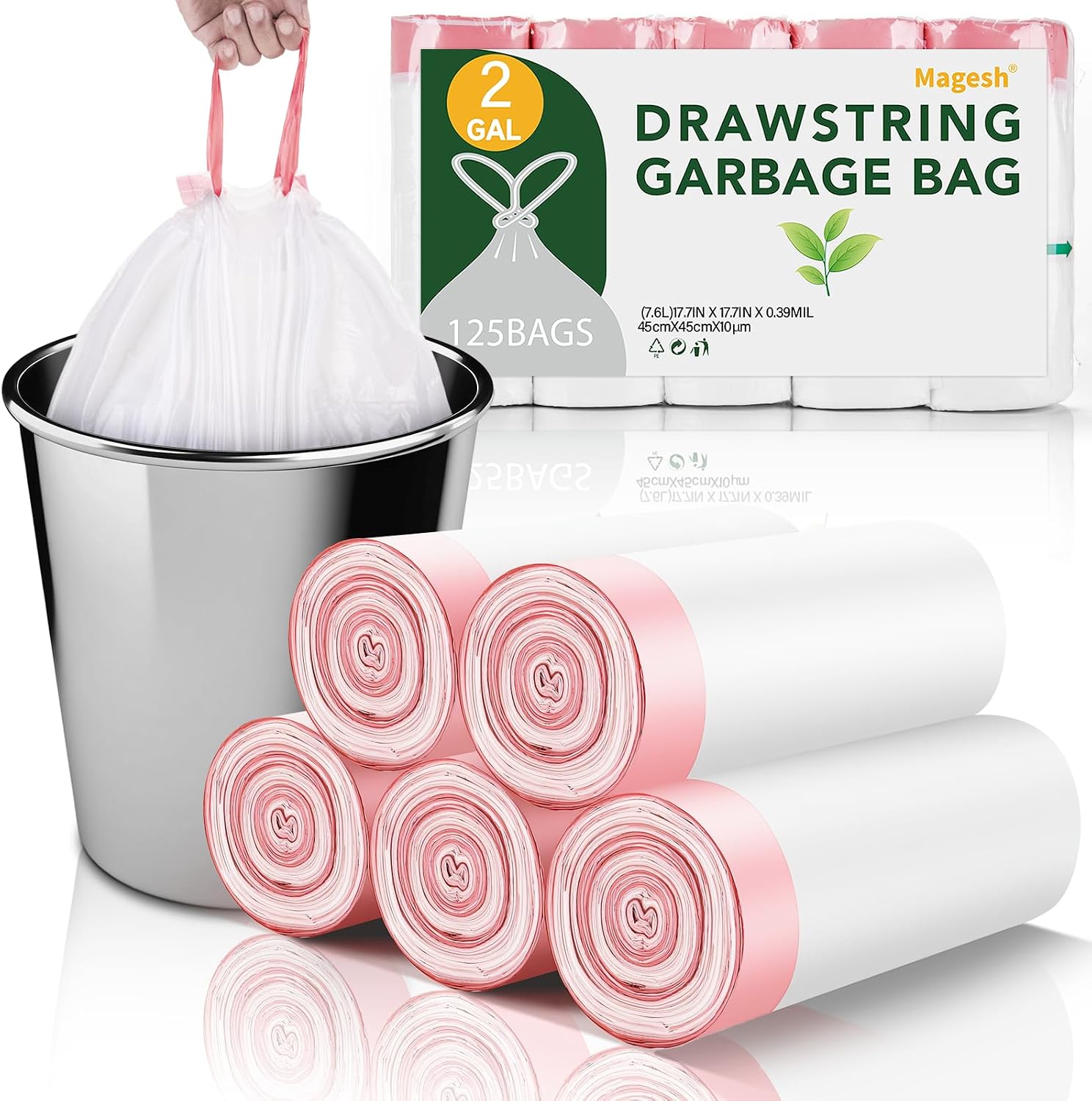 Small Trash Bags Bathroom 2 Gallon - Drawstring Kitchen Garbage Bag 125 Count Clear White Mini Unscented Strong Durable Bulk Wastebasket Plastic Liners for Car Office Can