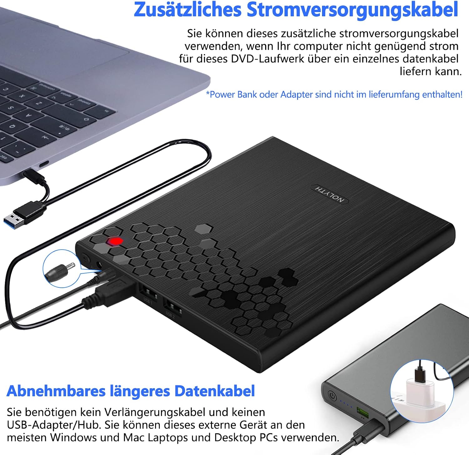 NOLYTH CD/DVD drive connected to a laptop with both data and power cables.