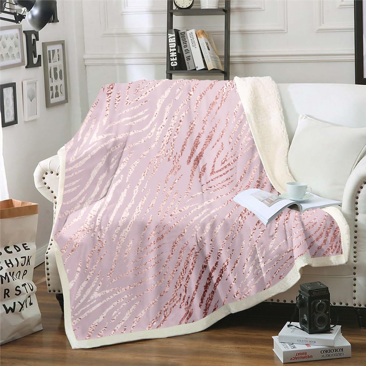 Erosebridal Rose Gold Animal Print Fleece Blanket for Women Girls Bedroom Decor, Zebra Sherpa Blanket Pink Horse Striped Blanket Throw Size, Glowing Gradient Throw Blanket for Chair Animal Theme Decor