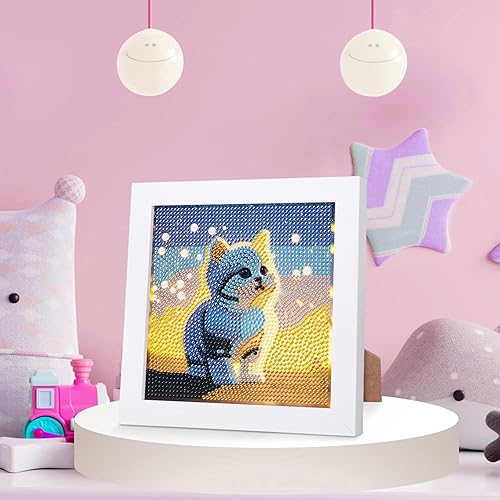 Miniatura 4 de Kits de pintura de diamantes de gato para niños con marco, arte de diamantes de animales para niños de 4 a 8 a 12 años, kit de arte de gemas fácil
