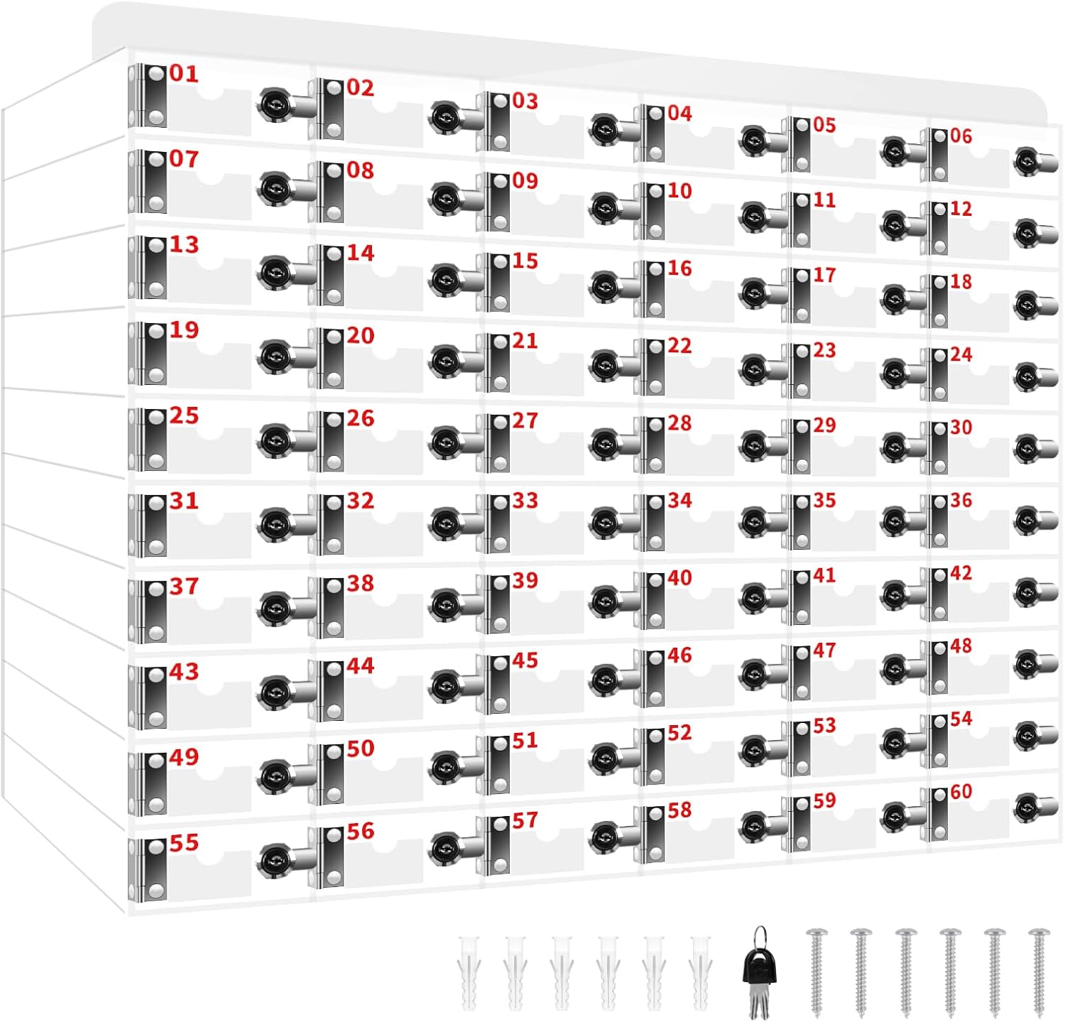 60 Slots Cell Phone Locker Box, Clear Phone Storage, Acrylic Cell Phone Lock Box with Door Locks and Keys, Wall Mounted Cell Phones Cabinet for Office School Classroom Factory