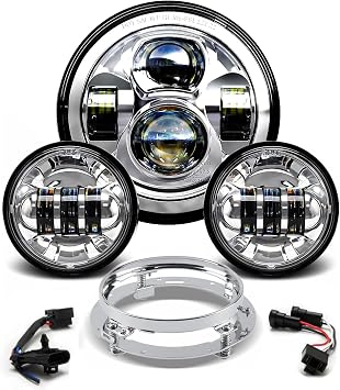 Upgraded Chrome 7 Inch LED Headlight & 4.5 Inch Fog Lights with Turn Signals Headlamp Kit with Mounting Ring and 2 Adapter Harnesses Compatible with Harley Road King Electra Glide Ultra| DOT Certified