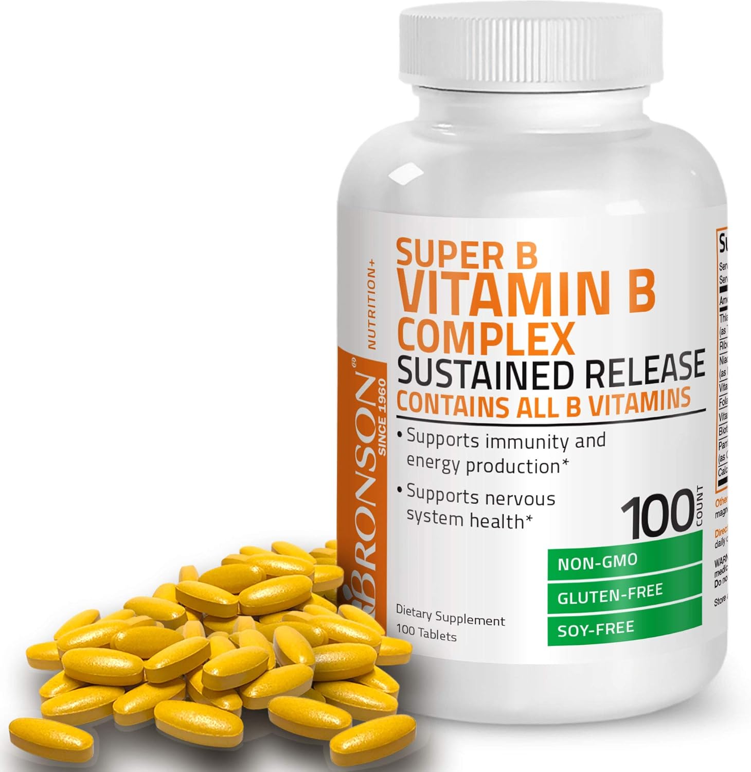 Bronson Super B Vitamin B Complex Sustained Slow Release (Vitamin B1, B2, B3, B6, B9 - Folic Acid, B12) Contains All B Vitamins 100 Tablets : Health & Household
