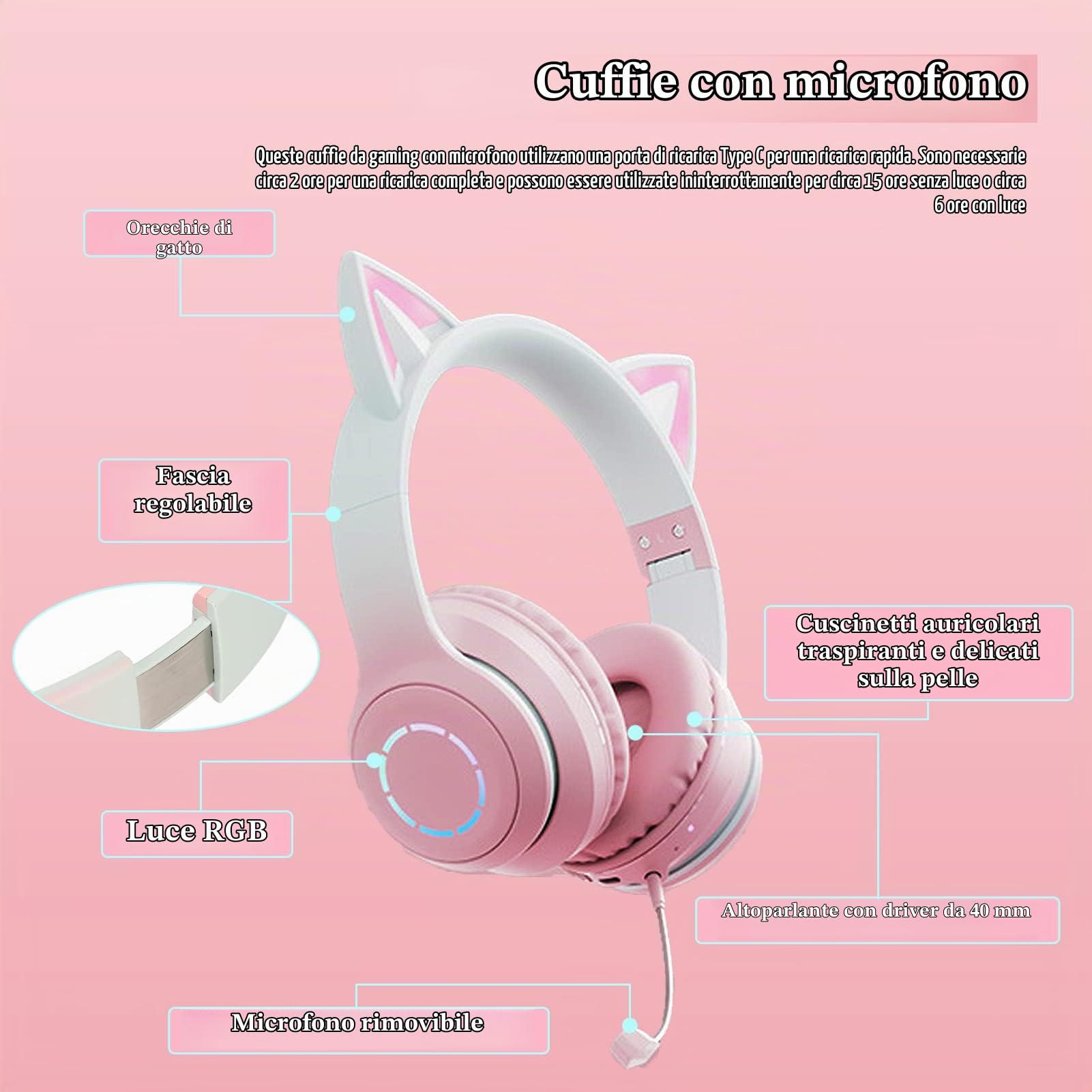 Gugxiom Cuffie Cat Ear, Cuffie da Gioco Wireless Tramite Bluetooth Cavo AUX da 5.1/3.5mm, Cuffie Pieghevoli con Luci LED a 7 Colori e 4 modalità LED per Ragazze, Adulti(Rosa)