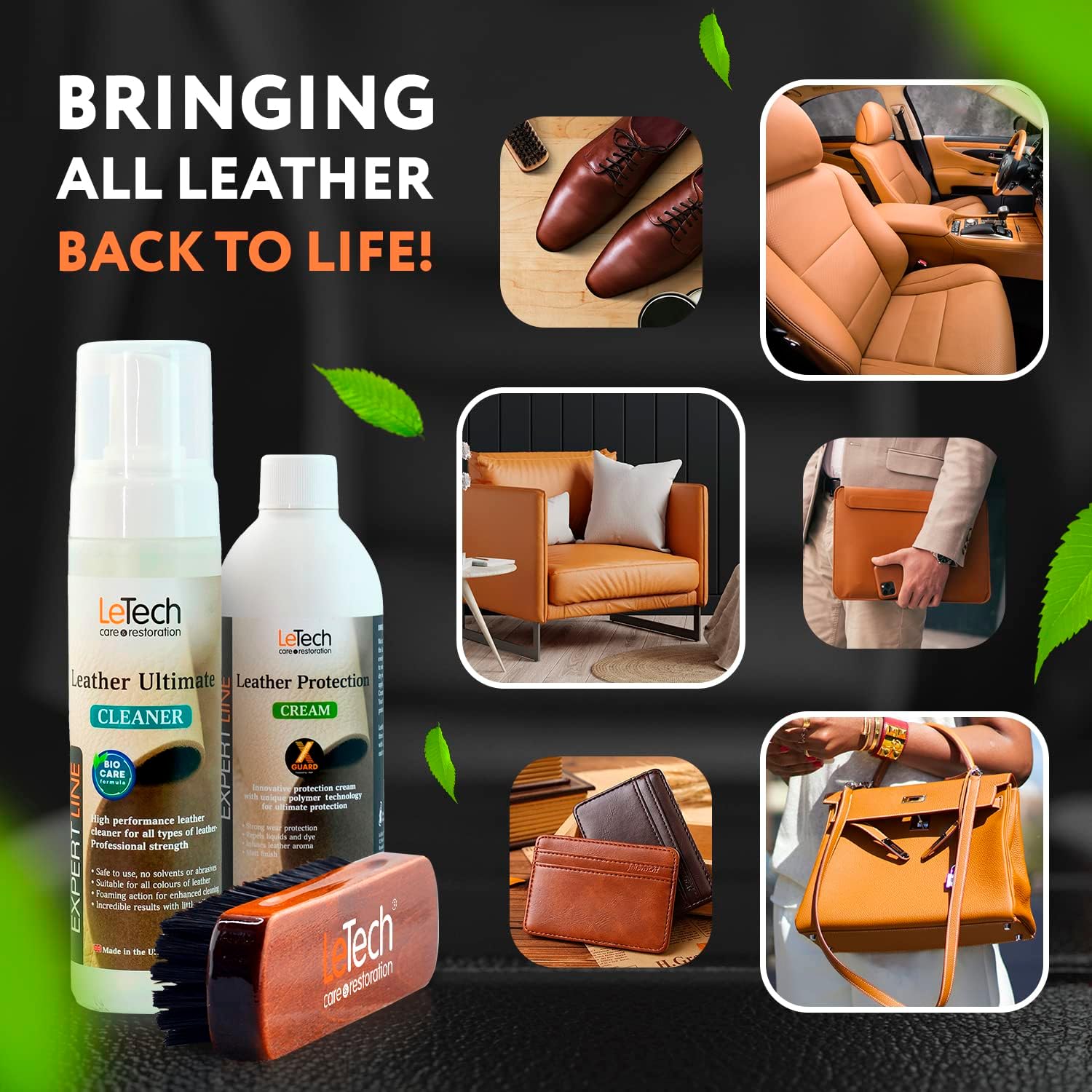 Letech Leather Care Kit - Leather Cleaner and Leather Protection Cream with Brush and Towels for Auto Interior - Furniture