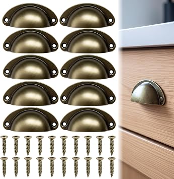 10PCS Cabinet Cup Pull Handle, 82x35mm, Vintage Drawer Shell Pulls for Kitchen Cabinets and Furniture, Antique Bronze Cupboard Door Handles with Screws for Drawers, Dressers and Home Renovation