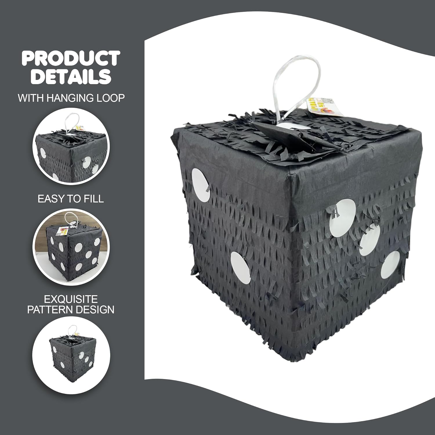 APINATA4U Black Dice Pinata with White Dots, Casino Themed Party Decoration, Poker Birthday Party Supplies, Las Vegas Nights Game Pinata, Fun Birthday Decor, Gift for Casino Lovers