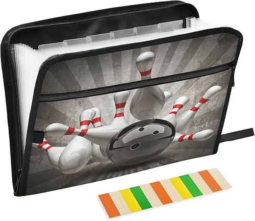 Divertida carpeta de archivos expandible con 13 bolsillos con etiquetas, organizador de archivos de acordeón deportivo de bolos con cremalleras para
