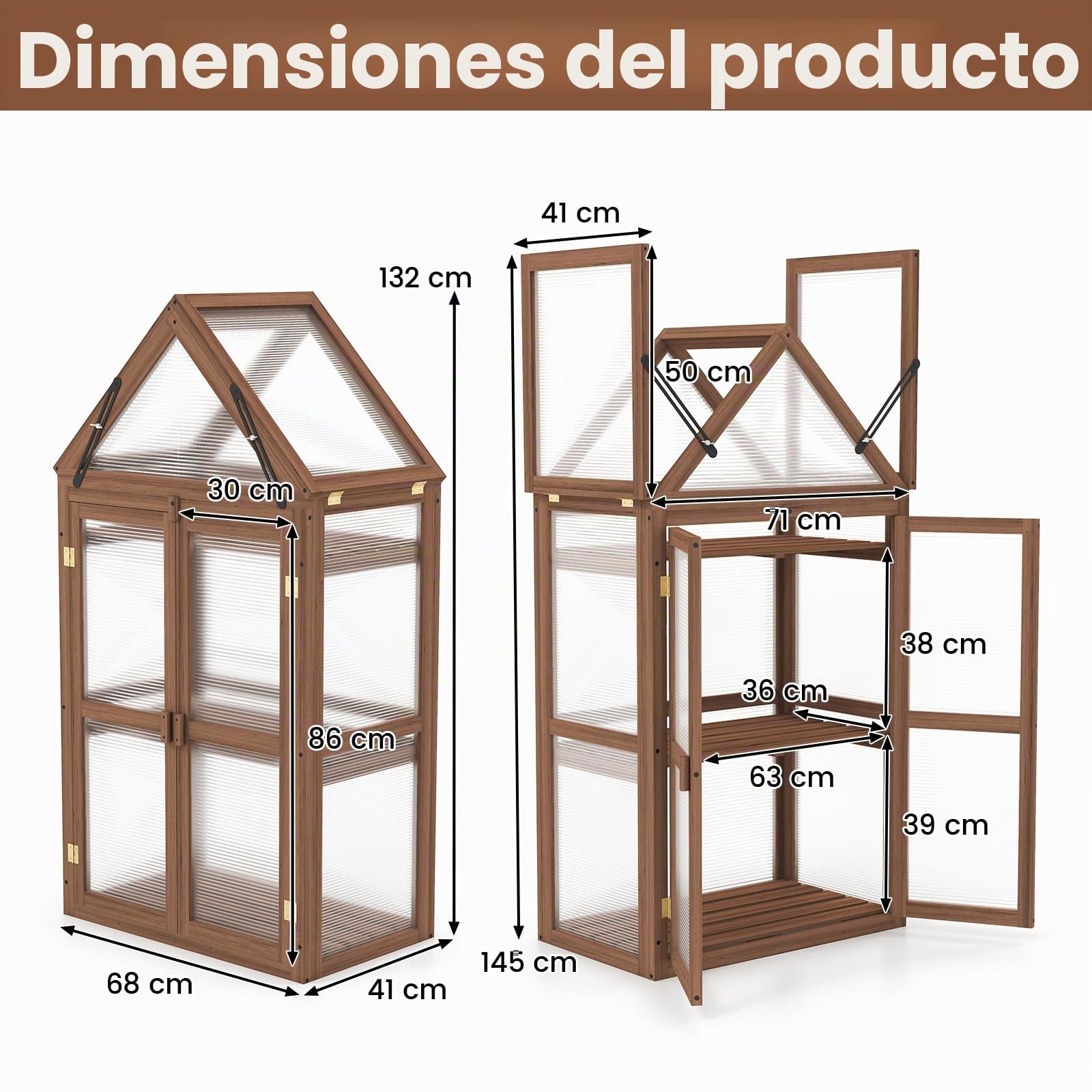 HOMASIS Mini Invernadero de Jardín de PC Transparente, Invernadero de Madera de Abeto con 2 Puertas de Techo Corredizo con Estantes Ajustables, para Balcón, Jardín, 71 x 41 x 132 cm