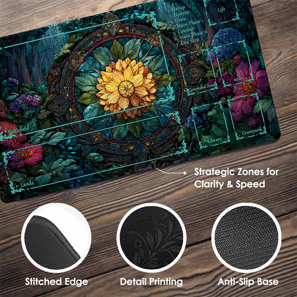 Tapete de mesa para juego de cartas MTG + bolsa impermeable negra, bordes cosidos, superficie de goma lisa, tapete de juego MTG con zonas (un tapete original) (con zona, 2)