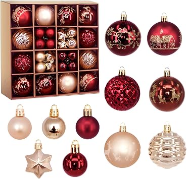 Christmas Baubles Red Rose Gold 44 Pieces Christmas Tree Decoration Hooks for Christmas Baubles Set Christmas Baubles Plastic for Christmas Tree Decoration Outdoor Christmas Decoration
