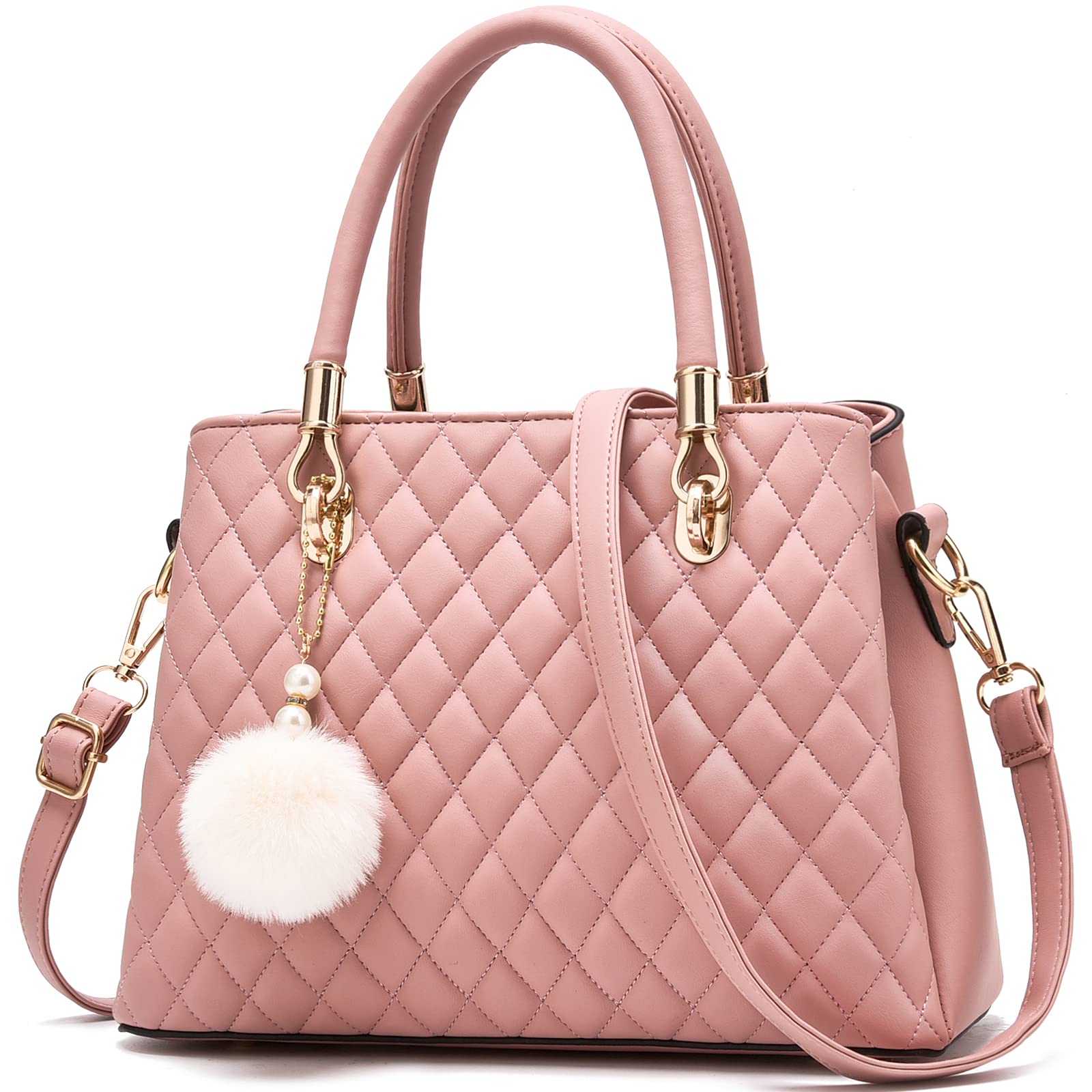 I IHAYNER Womens Leather Handbags Purses Top-handle Totes Satchel Shoulder Bag for Ladies with Pompon (Pink)