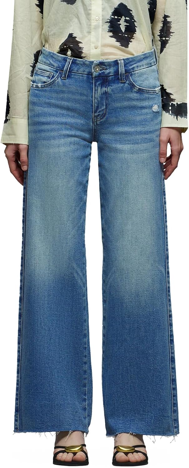 ONESO Mid-Low Rise Baggy Jeans Wide Leg for Women Distressed Pants Stretchy Bottom Lady Basic Comfortable Denim