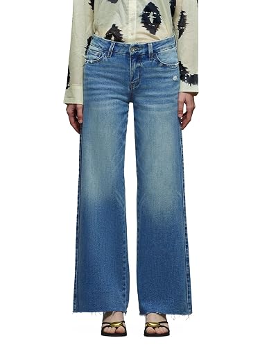 ONESO Mid-Low Rise Baggy Jeans Wide Leg for Women Distressed Pants Stretchy Bottom Lady Basic Comfortable Denim