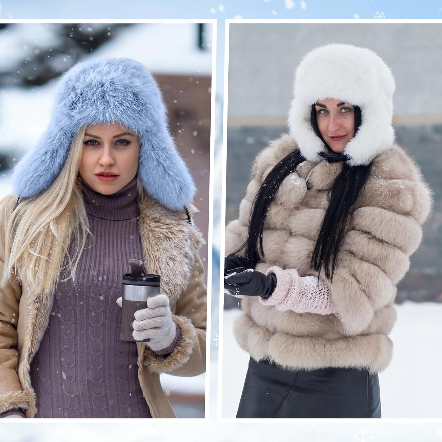 Mepase 2 Pack Faux Fur Hat for Women Fuzzy Warm Ushanka Hat Winter Fluffy Supplies for Ladies(Blue and White) - Image 4