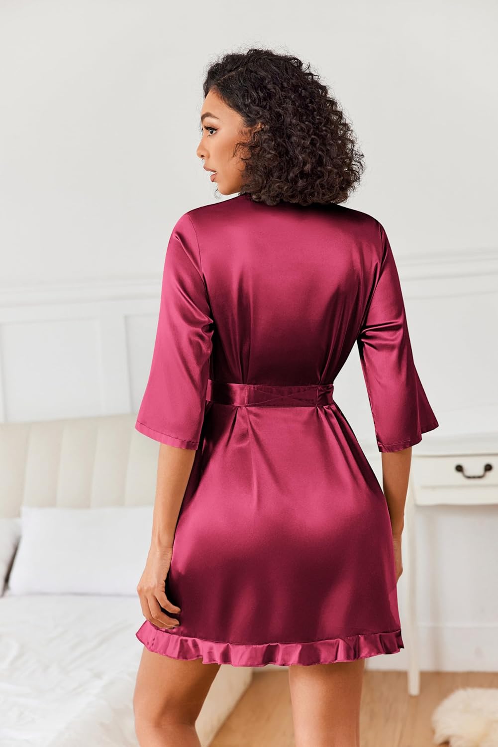 Ekouaer Women's Satin Robes Silk Kimono Bath Robe Short Ruffled Hem Bride Bridesmaid Sleepwear with Pockets - Image 2