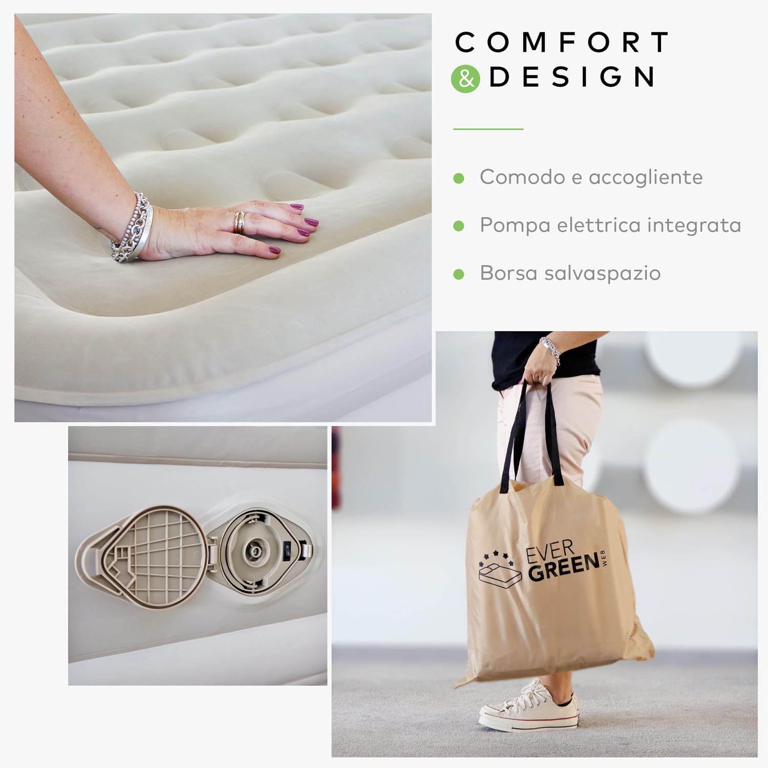 EVERGREENWEB - Materassino Gonfiabile da campeggio singolo con Pompa Incorporata, Autogonfiante Alto 40cm - Misura 99x191cm con schienale. Materasso per esterno e interno - Borsa inclusa - AIRDREAM