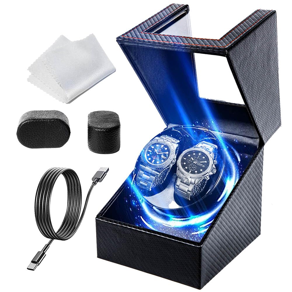 Blendra Black/Carbon Fiber Double Automatic Watch Winder With Led Light, Watch Winders For 2 Watches With Quiet Motor, Soft Flexible Watch Pillow,5 Rotation Modes Usb Cable(Led-Carbon Fiber)