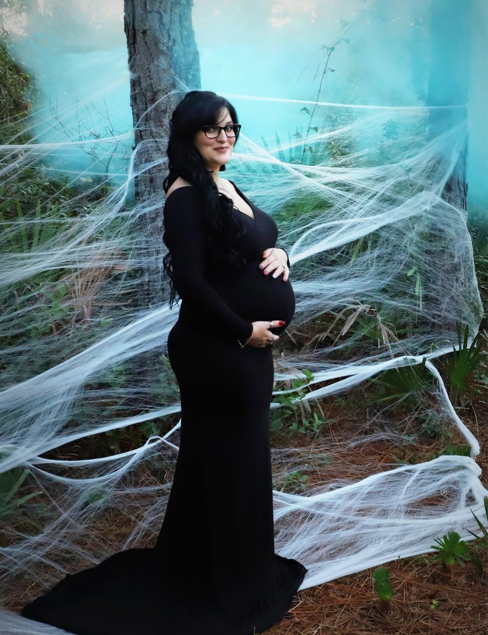 JustVH Maternity Elegant Fitted Maternity Gown Long Sleeve Cross-Front V Neck Slim Fit Maxi Photography Dress for Photoshoot - Image 4