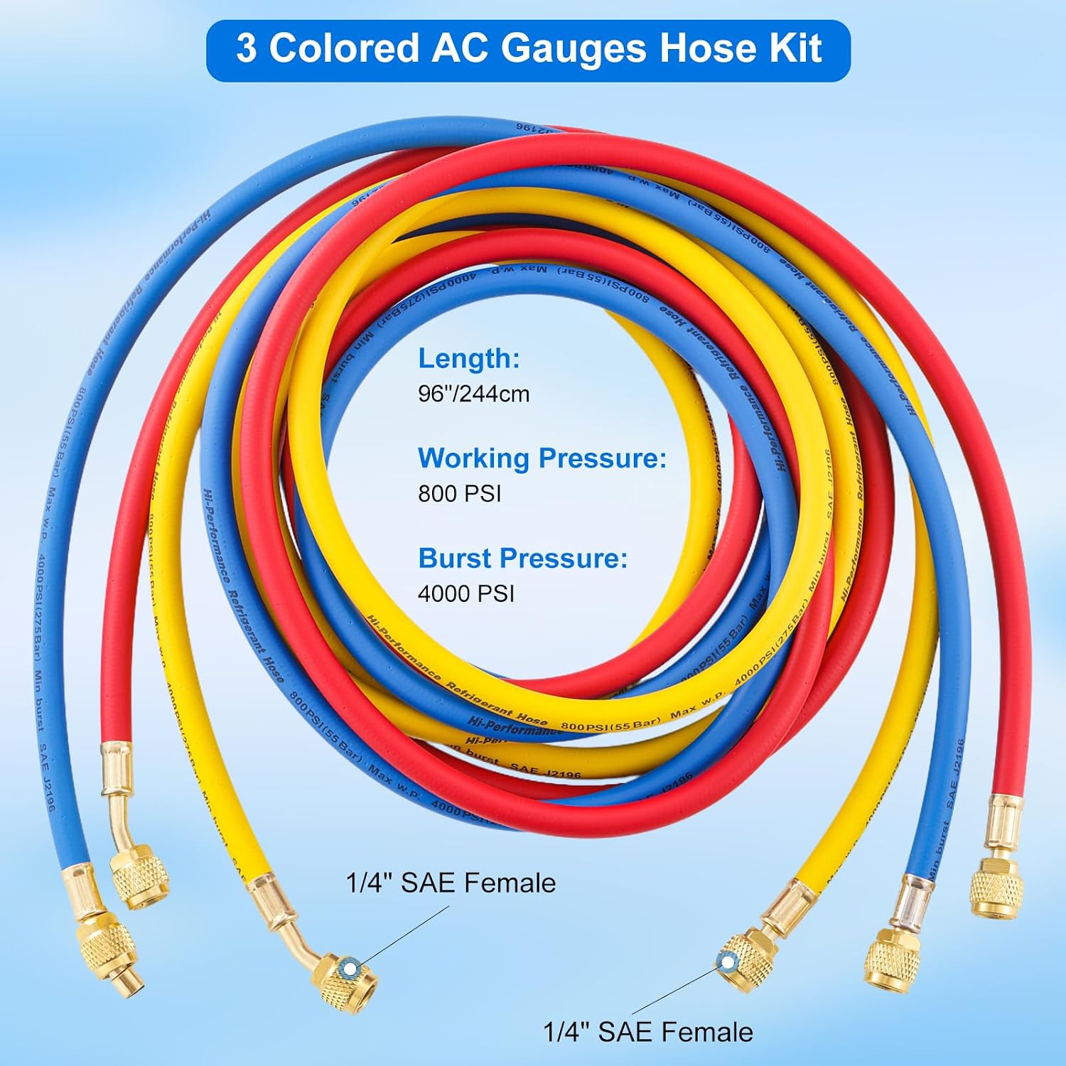 3 Pieces AC Manifold Gauge Hose Kit, 1/4" HVAC Refrigerant Charging Hose, 8FT Air Conditioner Gauge Hoses for R410A R134A R22 R502 System, 800-4000PSI (96‘’)