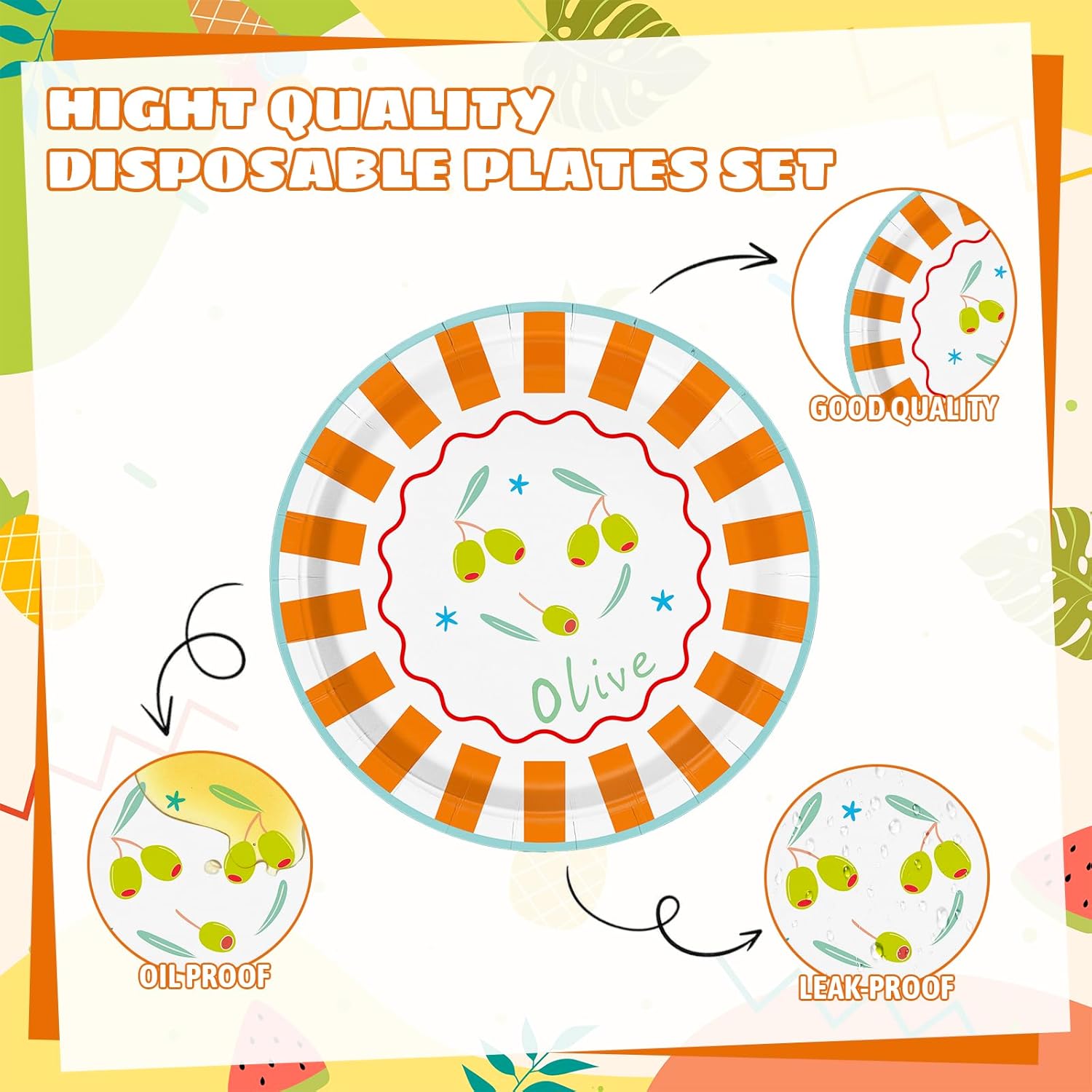 AnyDesign 40Pcs Italian Summer Paper Plates Party Plates 7 Inch Cute Fruit Striped Disposable Desser Plate for Birthday Baby Shower Party Supplies