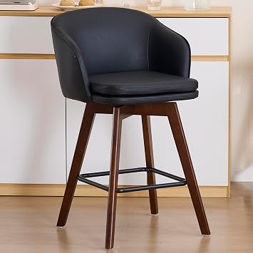 Kidol & Shellder Counter Height Bar Stools Black 27" Swivel Barstools for Kitchen Island, PU Leather Upholstered Bar Chairs with Wood Legs, Modern Armchair with Backs for Kitchen, Dining Room