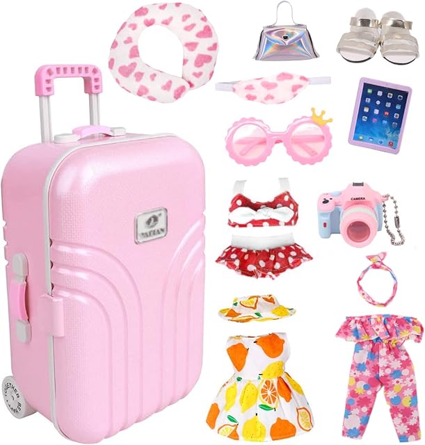 American 18 Inch Girl Doll Accessories, Suitcase Travel Sets Including 3 Clothes 2 Shoes Set Suitcase Neck Pillow Cell Phone Sunglasses Camera Bag Blindfold Fashion Luggage(Doll Not Included)