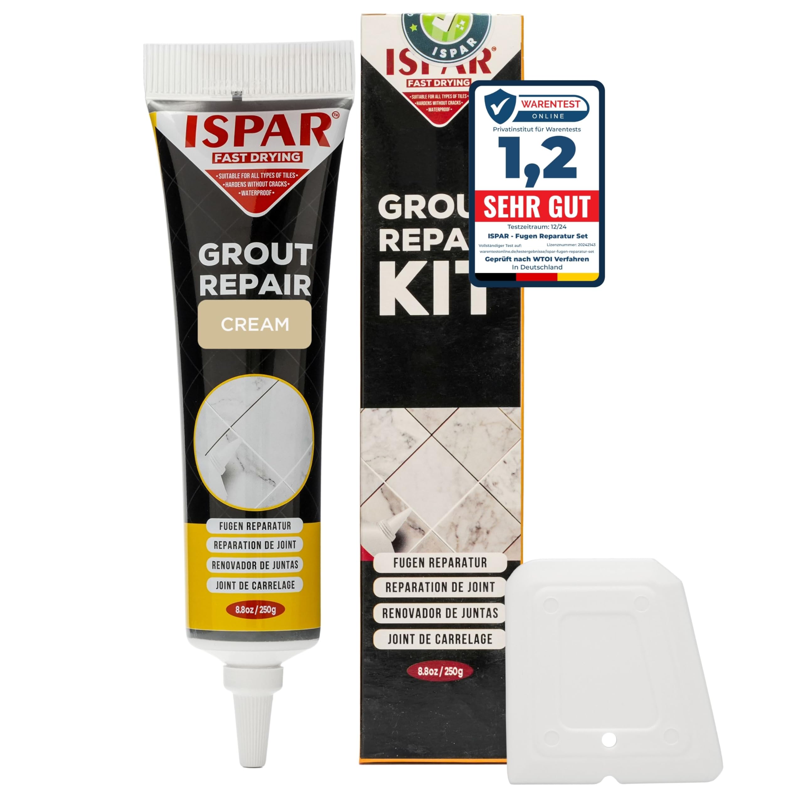 ISPAR Fugenmörtel Creme 250g – Fertige Fugenmasse für Fliesenfugen mit Spachtel – Für Bad, Küche & Fugenreparatur – Geruchsneutral & Alltagstauglich