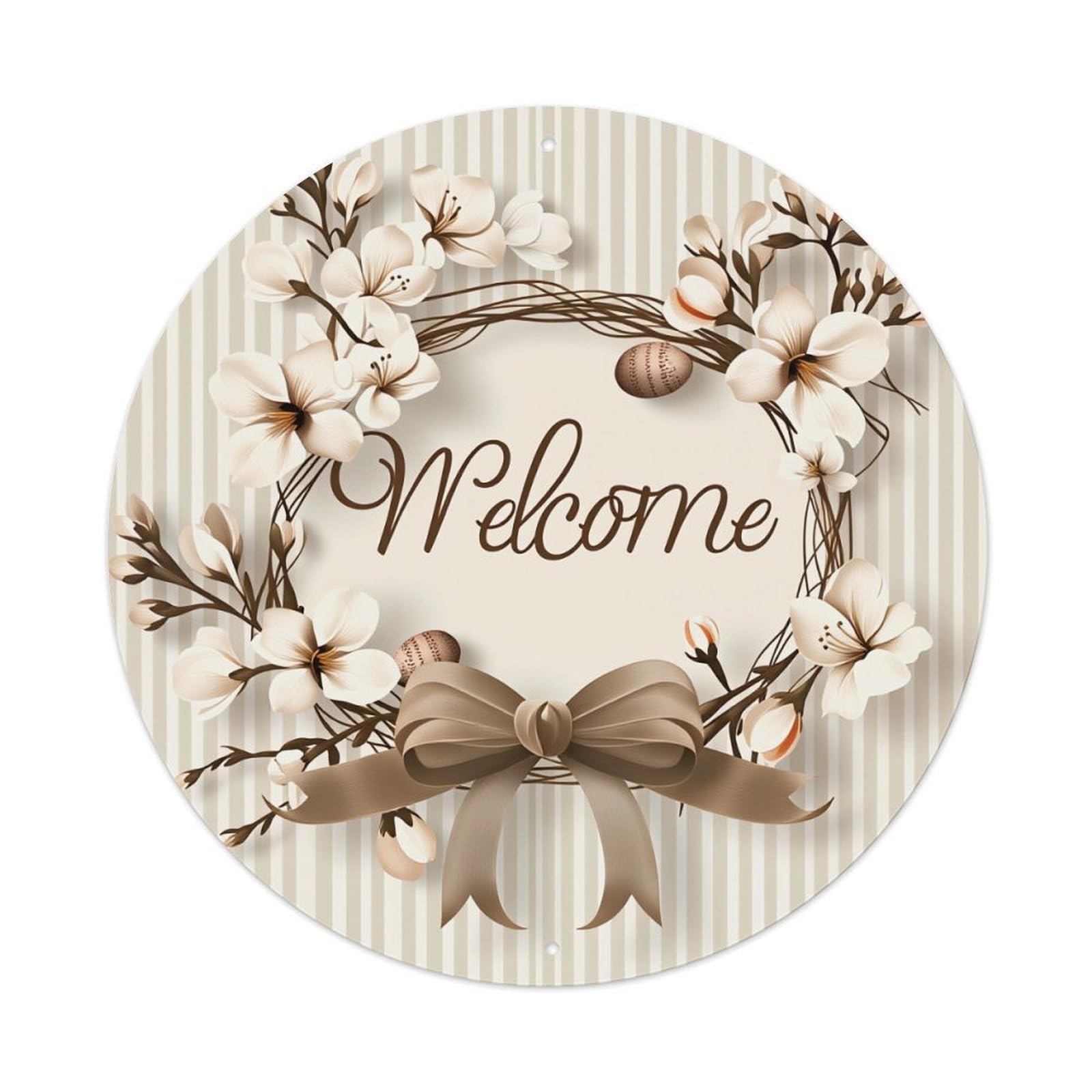 Floral Wreath Welcome Bow Pattern_1 Round Tin Sign Vintage Metal Poster, Home Bar Garage Man Cave Cafe Indoor & Outdoor Wall Decoration 8x8Inches