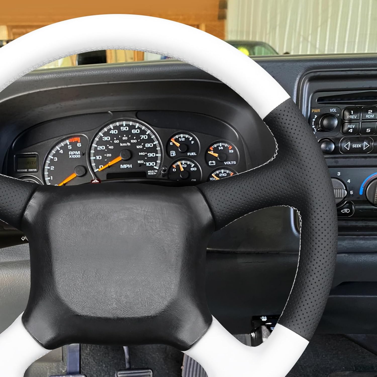 MEWANT Hand Stitch White Leather Steering Wheel Cover Wrap for Chevrolet Silverado 1500 1999-2002/Silverado 2500 1999-2002/Silverado 3500 2001-2002/Astro/Blazer/C/K 1500 Series/Kodiak/Suburban/Tahoe