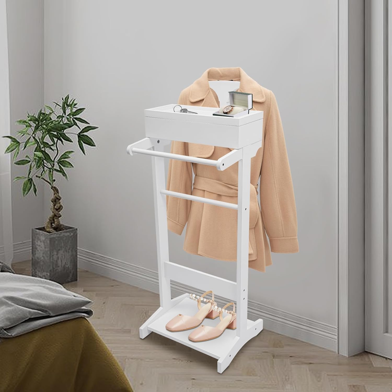Suit Valet Stand for Men/Women, Wood Valet Stand with Drawer, Contour Hanger, Tray, Trouser Bar, Belt Hooks & Shoe Rack, Vintage Suit Rack for Bedroom Entryway (White)