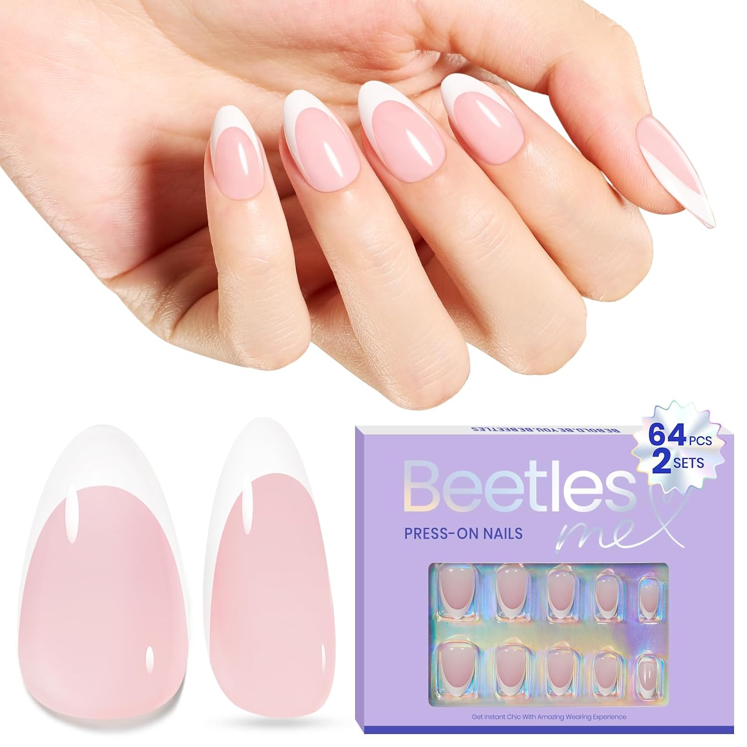 Beetles French Tip Press On Nails Almond, Pink Short Almond French Tip Press On Nails with Pre-applied Tip Primer&Base Coat, Supremely Fit&Natural Glue On Nails in 16 Sizes 64Pcs for Nail Art DIY Home