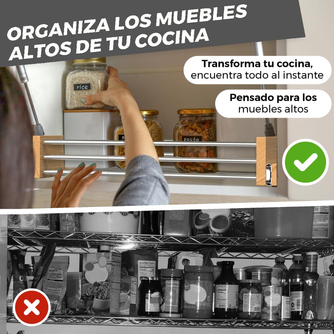 Genérico Cajón Extraíble Regulable para Muebles Altos Cocina Bandeja Telescópica Ajustable 27 5-57 cm Organizador Deslizante Armario con Guías Extracción Total Acero Inoxidable Madera