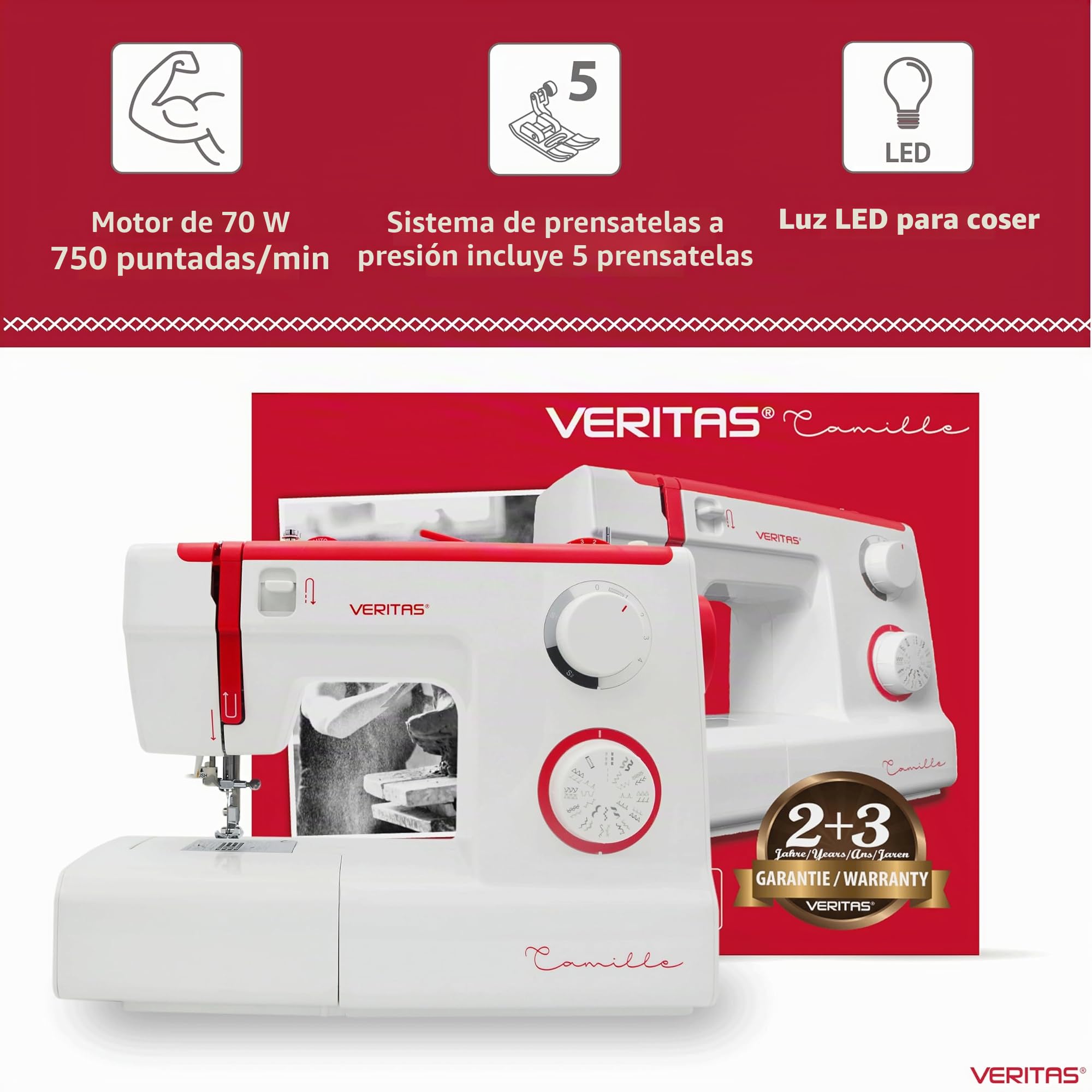 VERITAS 1305 Camille Máquina de Coser, plástico/Metal, Blanco/Rojo, 38.0 x 17.0 x 30.0 cm