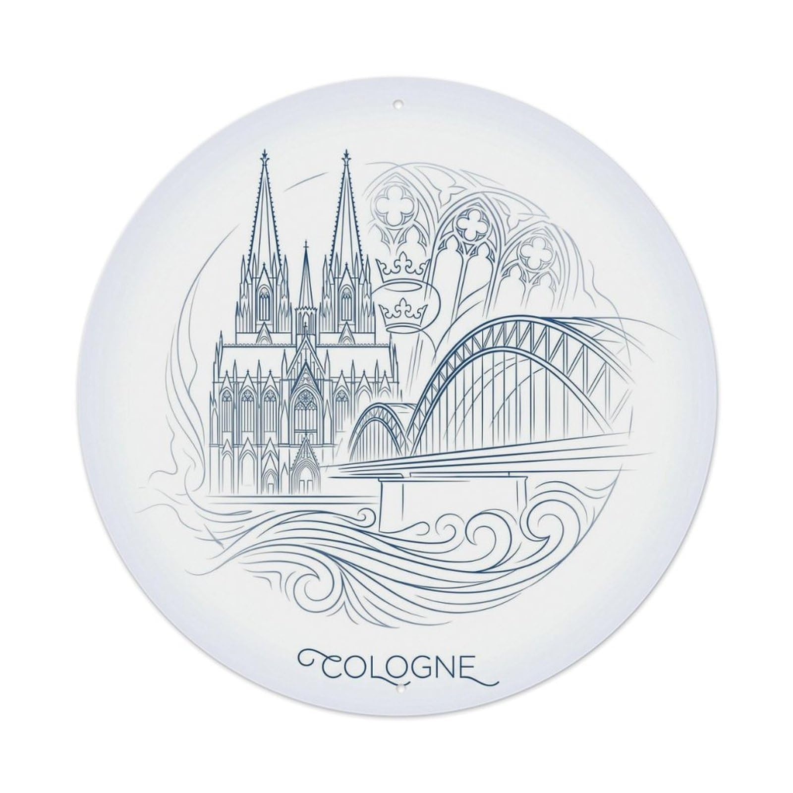 Cologne Rhine Gothic Cathedral Blue Line Travel Map Drawing Metal Tin Sign Plaque Wall Decor for Cafe, Man Cave, Club Bar, Office, Home Garden Round Metal Poster 8x8Inch