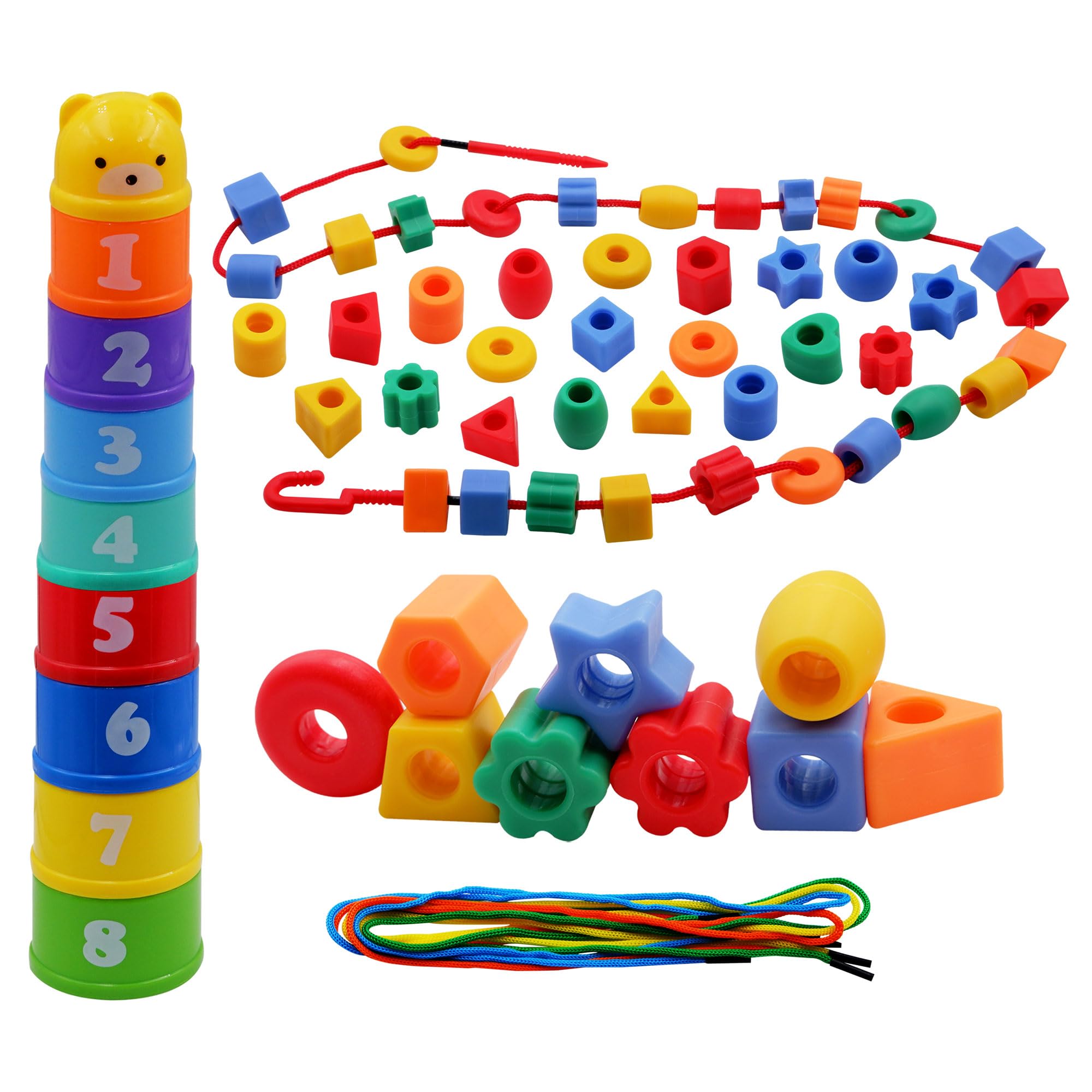 BMTOYSSet of Lacing Beads (50pcs) and Rainbow Colors Stacking Cups, Educational & Motor Skills Sorting & Nesting Toys Set of for Kids