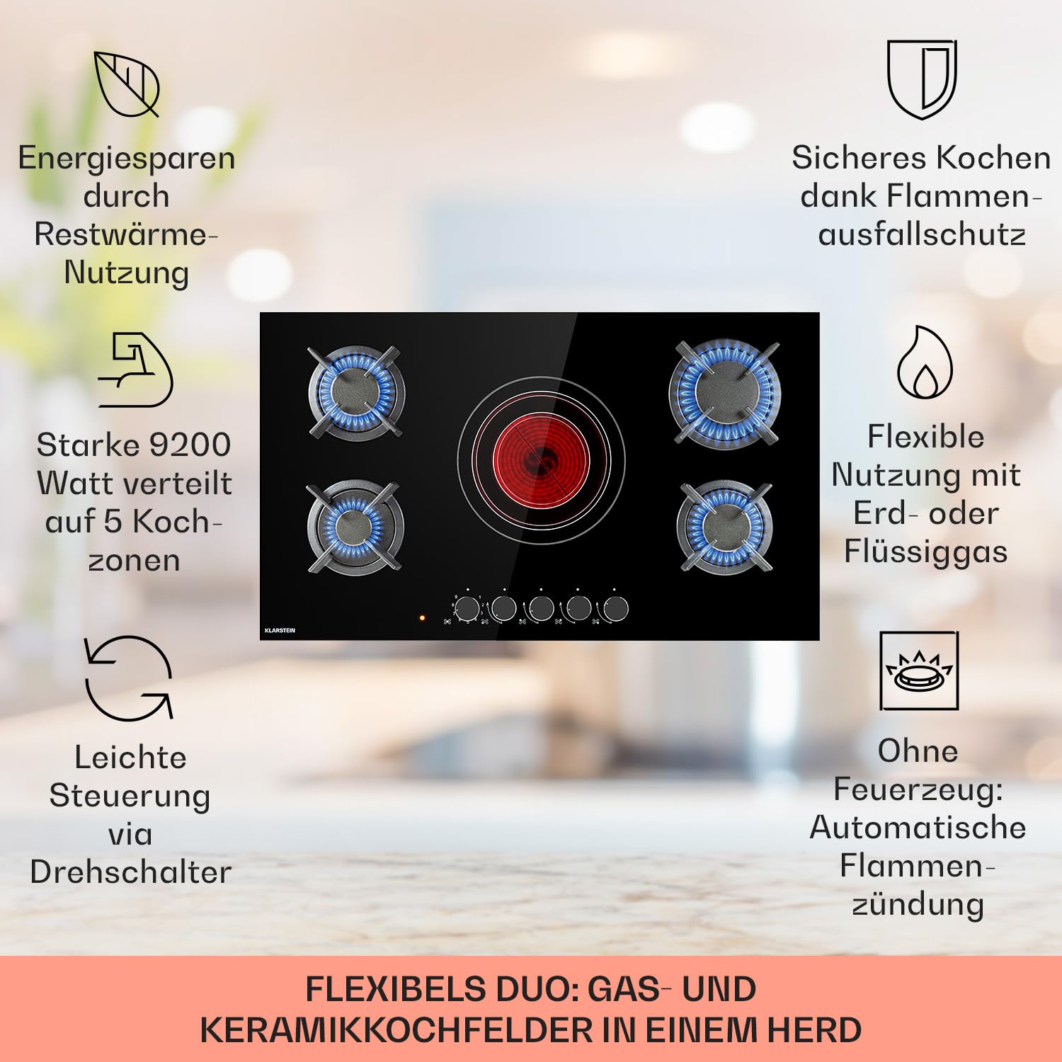 Klarstein Gaskocher 4-Flammig und 1 Glaskeramik Kochfeld, 9,2 kW Einbau-Gaskocher für Innenbereich, Edelstahl-Gaskocher für Wohnmobil, 4-Flammiger Gaskocher, Moderner Einbau Gasherd, Gas Herd