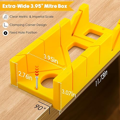 Miniatura 2 de Juego de 4 cajas ingletadoras y sierras, 3.95 x 12 pulgadas, caja de inglete extra ancha con 3 sierras ingletadoras para tareas pesadas, caja de