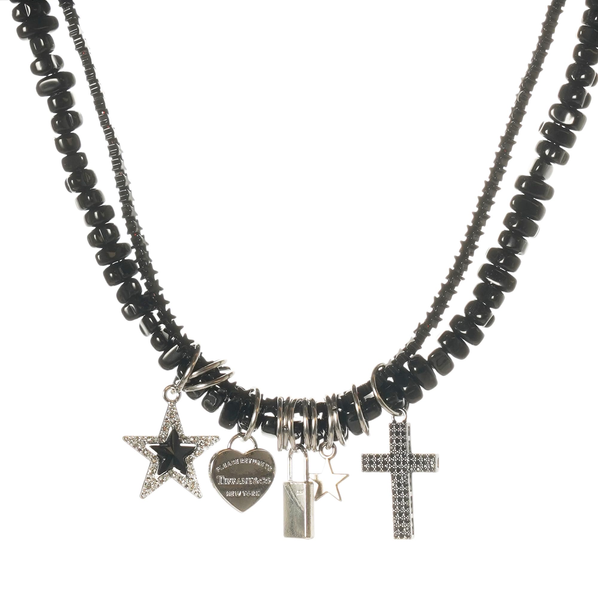 Enjinkail Black Choker Layered Necklaces for Women, Gothic Rhinestone Cross Necklaces with Star Heart, Handmade Goth Jewelry as Goth Gifts for Women